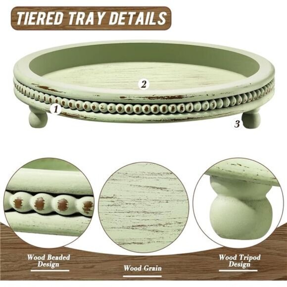 Wooden Beaded Round Tray Decorative Coffee Table Centerpiece Sage Farmhouse - Picture 4 of 6